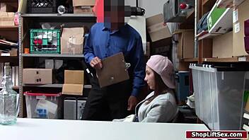 Teen shoplifter receives blowjob and deepthroat before getting fucked on officer's desk