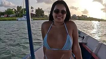 brazilian latina wife in bikini riding on boat pov