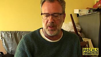 Ebony submissive in a reality scene with fishnets.