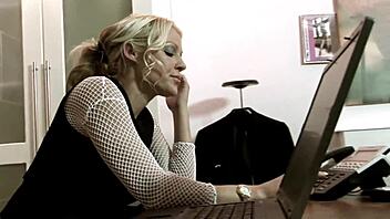 Blonde secretary fucking boss on desk through fishnets?