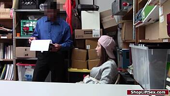 Teen shoplifter receives blowjob and deepthroat before getting fucked on officer's desk