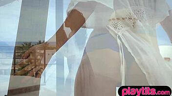 I watch this big ass petite 18+ Czech milf strip out of her blue lingerie outdoors.