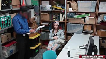 Teen shoplifter receives blowjob and deepthroat before getting fucked on officer's desk