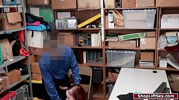 Teen shoplifter gives oral to officer's cock at work