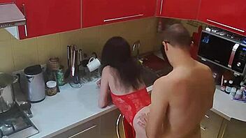 Watch the most beautiful rough sex in the kitchen with this cute MILF wife