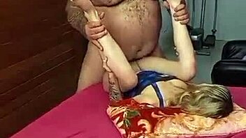 Naughty young girl in lingerie returns to muscular old man's arms