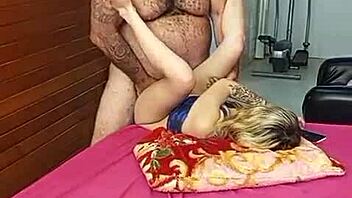 Naughty young girl in lingerie returns to muscular old man's arms