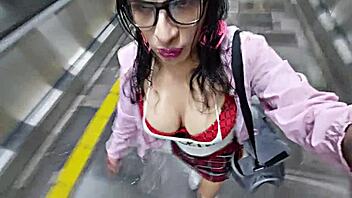 tranny schoolgirl rides the metro with big tits, hinting at sexual adventures