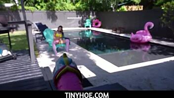 Tiny 18+ Latina Violet stuck under table, banged by stepbrother