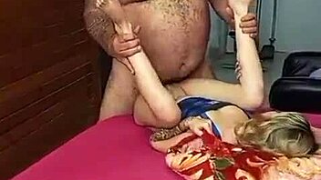 Naughty young girl in lingerie returns to muscular old man's arms
