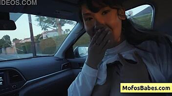 play with my big tits in the car in front of my friend, tomie tang.