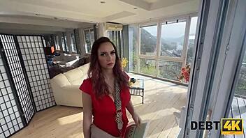 in debt4k, the european pregnant woman with shaved pussy seduces the guy in pov, leading to intense sex and surprises