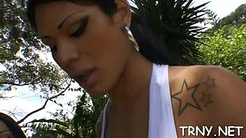 Shemale Strips Bare for Intense Hardcore Blowjob Action