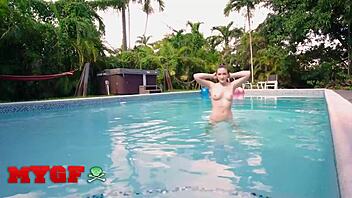 Everly Haze strips in pool, rides Leo Valentino’s cock hard