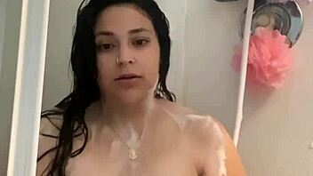 wet shower play turns into intense masturbation and cum on small tits