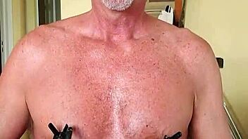 Pervy guy's nipples connected to his excitement like a radio