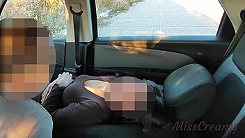 In the public parking lot, a father-in-law doggystyles his stepdaughter while a voyeur joins.