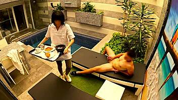 i jerk off in private pool, wow! room service girl catches me and gives an epic blowjob for breakfast.