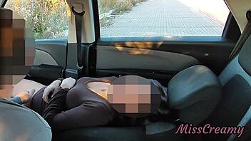 In the public parking lot, a father-in-law doggystyles his stepdaughter while a voyeur joins.