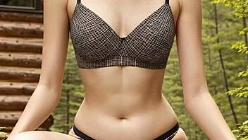 Sexy models in lingerie chill at forest cabin. Barefoot fun unfolds.