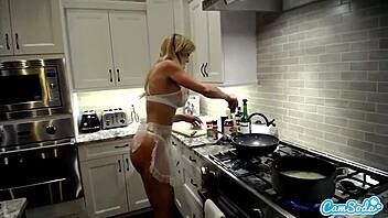 Brandi Love feels aroused in lingerie kitchen show