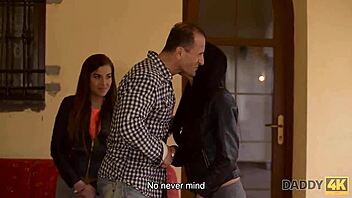 Daddy4k shows a handsome man with two stunning teens relaxing together.