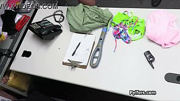 This blonde bikini teen thief got caught blowing officer’s dick at work.