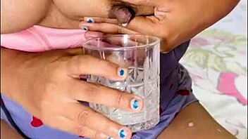 solo nude show with milk dripping from boobs to glass dildo play