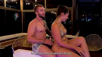 Colombian latina brunette relaxes with her masseur in a jacuzzi