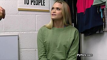 This blonde bikini teen thief got caught blowing officer’s dick at work.