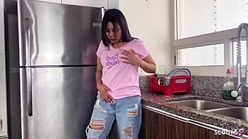 Latina teen caught in hostel kitchen, facing rough encounter with tourist