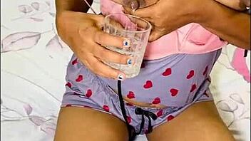 solo nude show with milk dripping from boobs to glass dildo play