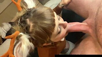cute costumed redhead girl gets sloppy facefucking in wild action.