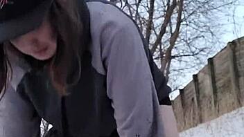 A guy jerked his cock in the snow at winter time