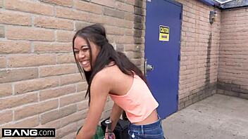 In the outdoors, Asian teen 18+ Aria Skye gets her tight pussy pounded by a group.