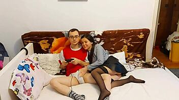 Sexy brunette seduces nerdy classmate for intense action