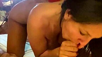 The old cuckold watches as the monster cock cums on the brunette milf's tits in voyeur style