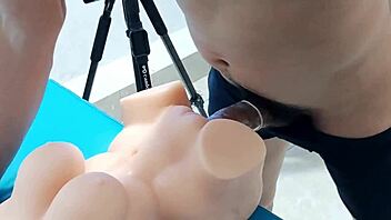 Young man explores kinky masturbation with sex toy.