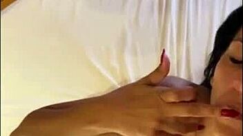 The old cuckold watches as the monster cock cums on the brunette milf's tits in voyeur style