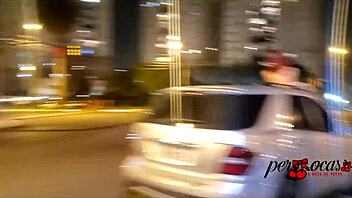 Moto boy chases woman flashing tits on car sunroof