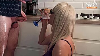 Milf Drinks Cum from Glass in Full Blowjob Scene, Wild Action!