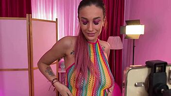 Brunette blogger gives deep blowjob then gets anal fucked doggystyle.