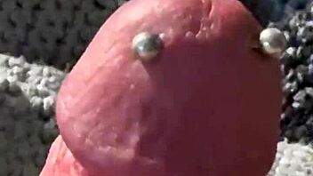 Big Piercing First Cumshot in Solo BDSM!