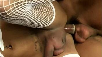 fishnet ladyboy bends over for lover