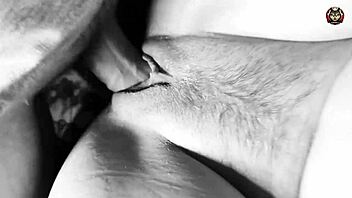 Watch this closeup of monster cock fucking tight shaved pussy and cumming inside MILF