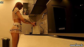 hot tight pussy lilly shows ass and tits in kitchen