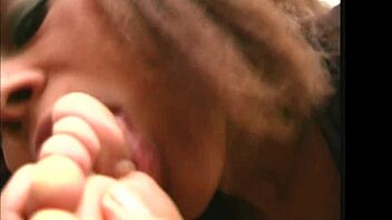 Beautiful mulatta gives footjob and handjob for cum in mouth.