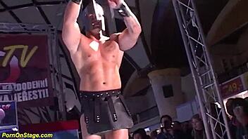 uhh, skinny babe got banged hard on public stage, like, totally wild!