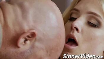 bimbo fucks bald dude and gets cum all over her tight pussy, oops...