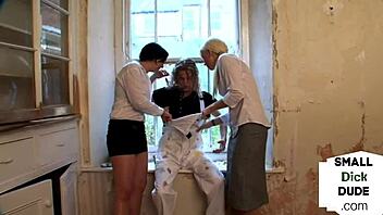 femdom 3some cfnm babes jerk cock in slutty hands 😈